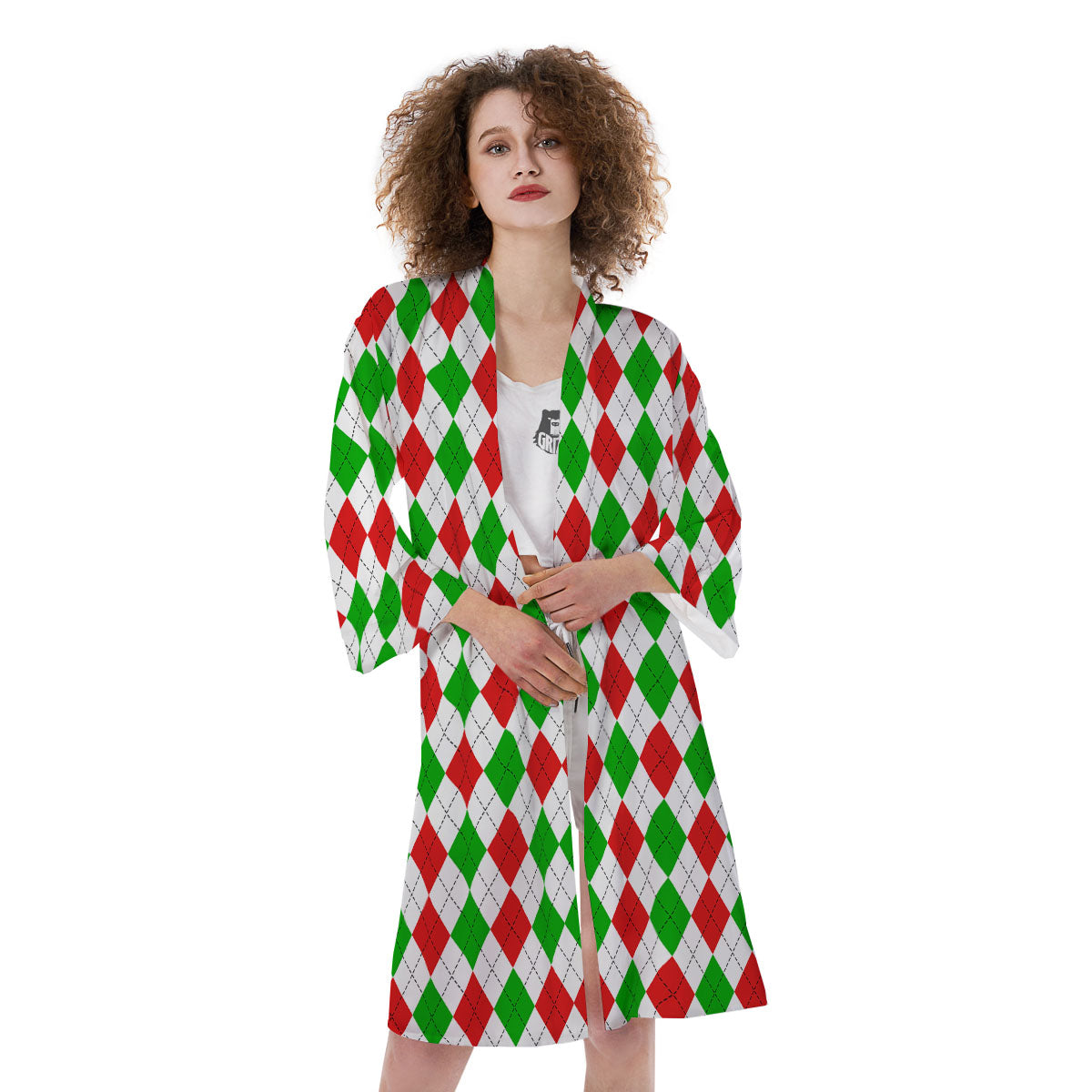 Argyle Merry Christmas Print Pattern Kimono-grizzshop