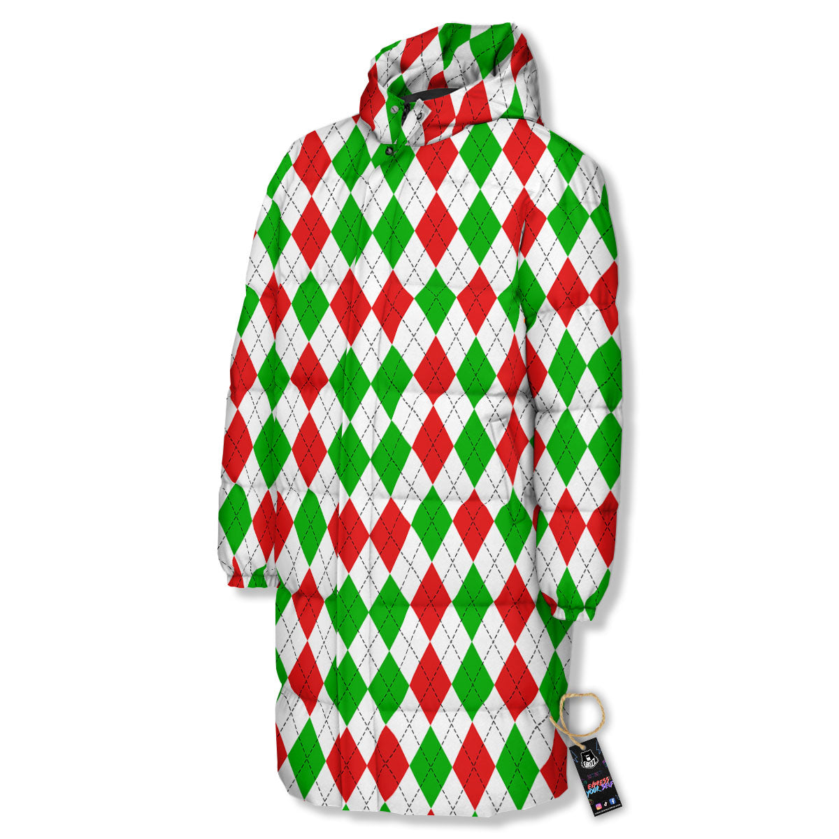 Argyle Merry Christmas Print Pattern Long Down Jacket-grizzshop