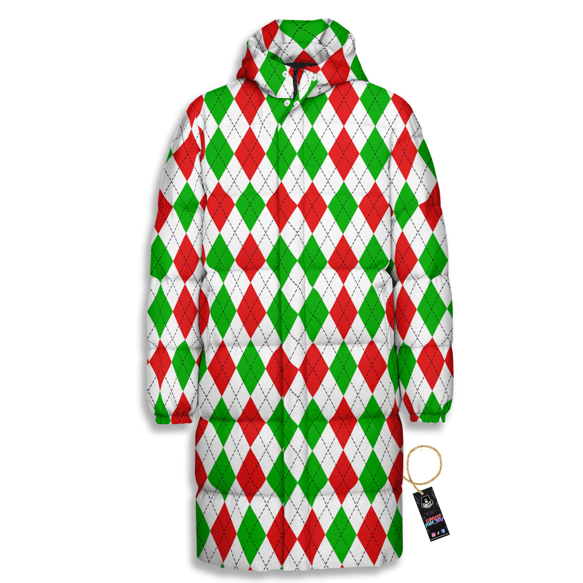 Argyle Merry Christmas Print Pattern Long Down Jacket-grizzshop