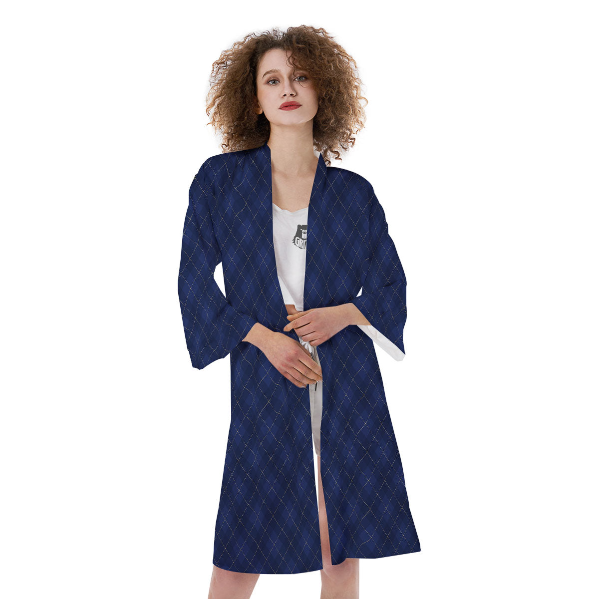 Argyle Navy Blue Print Pattern Kimono-grizzshop