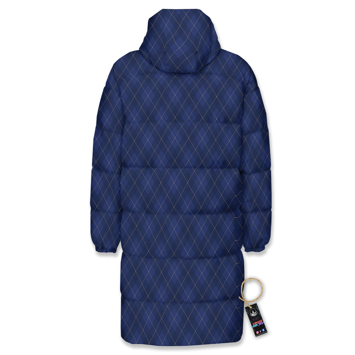 Argyle Navy Blue Print Pattern Long Down Jacket-grizzshop