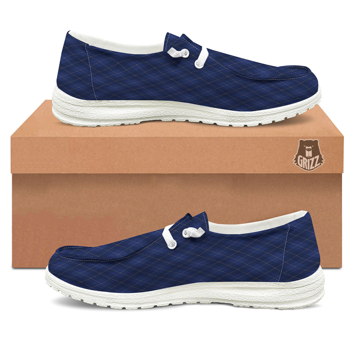Argyle Navy Blue Print Pattern White Loafers-grizzshop