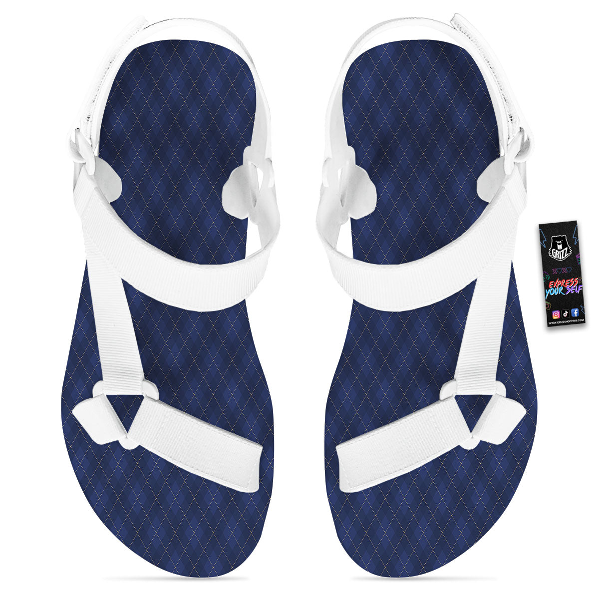 Argyle Navy Blue Print Pattern White Open Toe Sandals-grizzshop