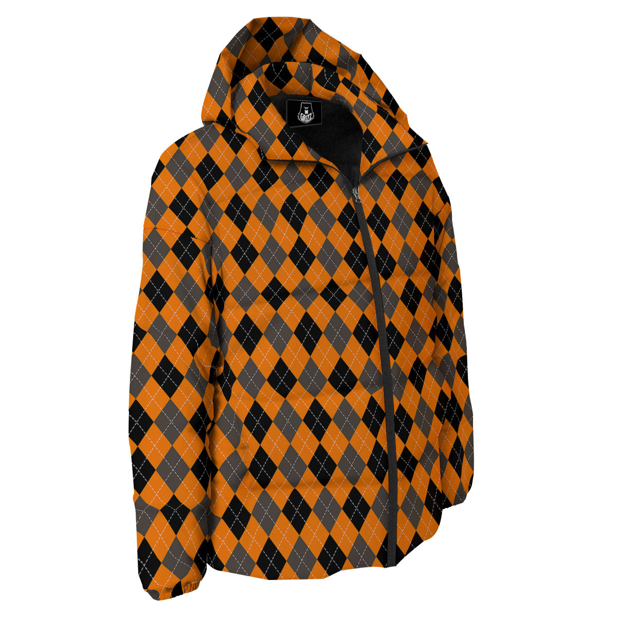 Argyle Orange And Black Print Pattern Down Jacket-grizzshop