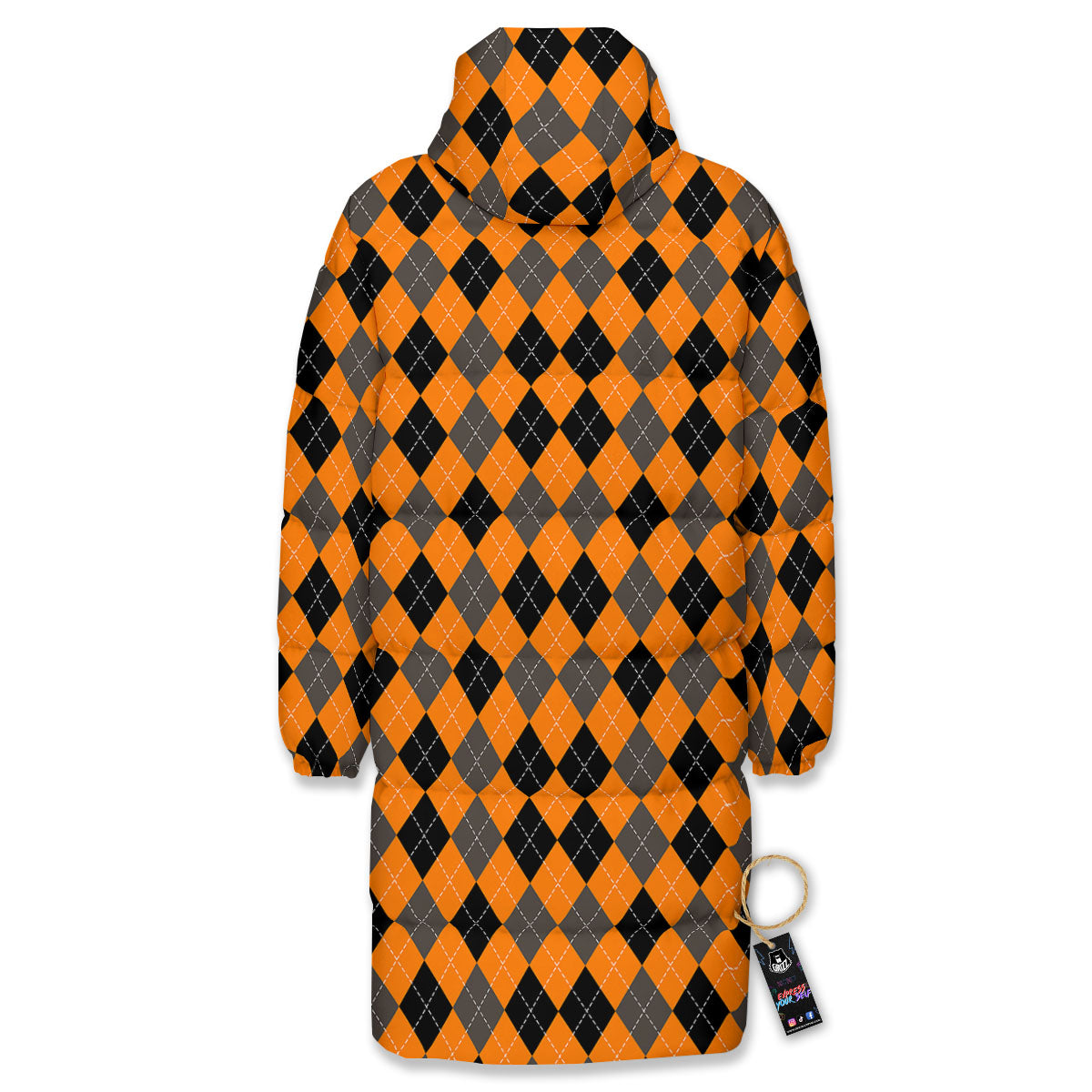 Argyle Orange And Black Print Pattern Long Down Jacket-grizzshop