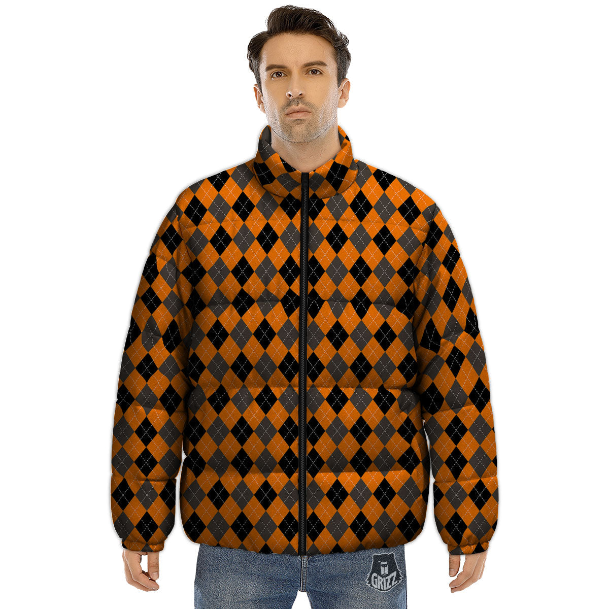 Argyle Orange And Black Print Pattern Puffer Jacket-grizzshop