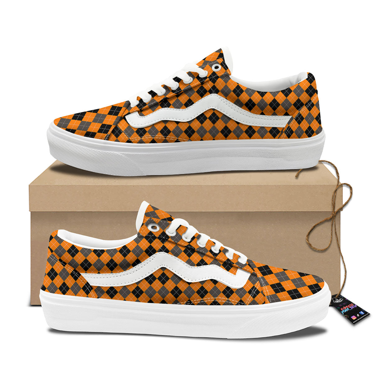 Argyle Orange And Black Print Pattern Skate Shoes-grizzshop