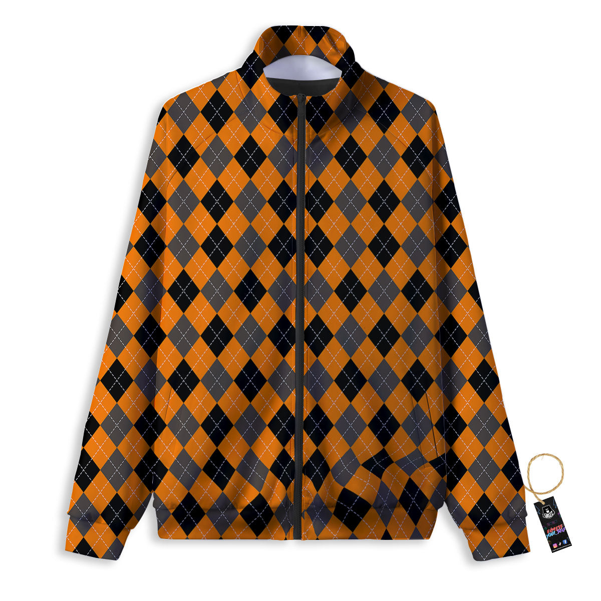 Argyle Orange And Black Print Pattern Track Jacket-grizzshop