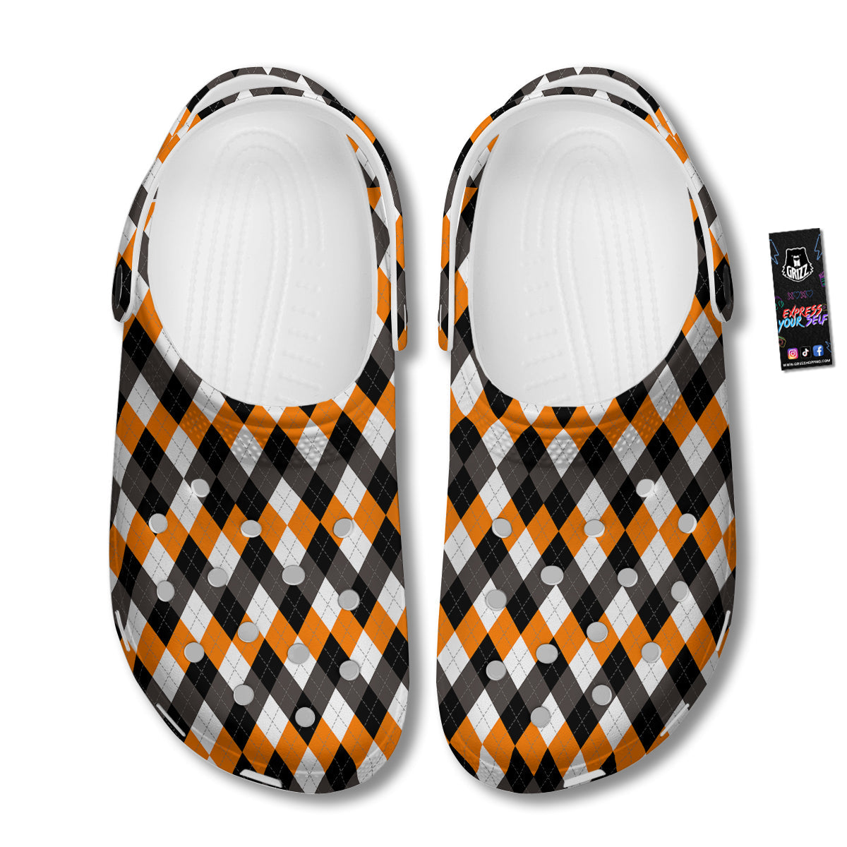 Argyle Orange Black And White Print Pattern Clog-grizzshop