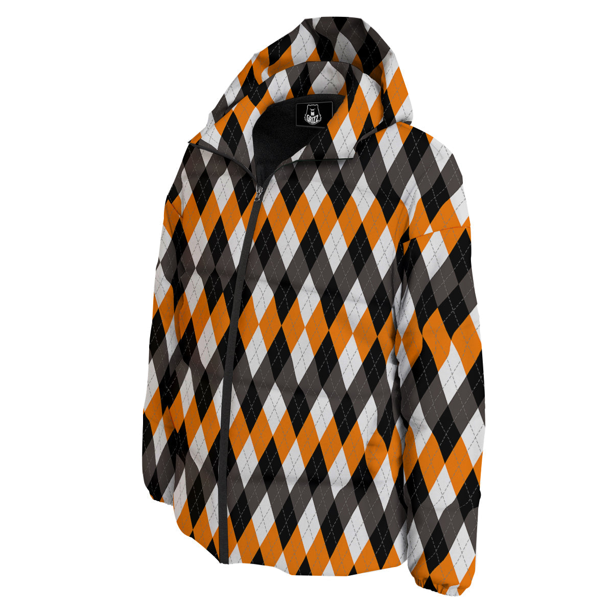 Argyle Orange Black And White Print Pattern Down Jacket-grizzshop