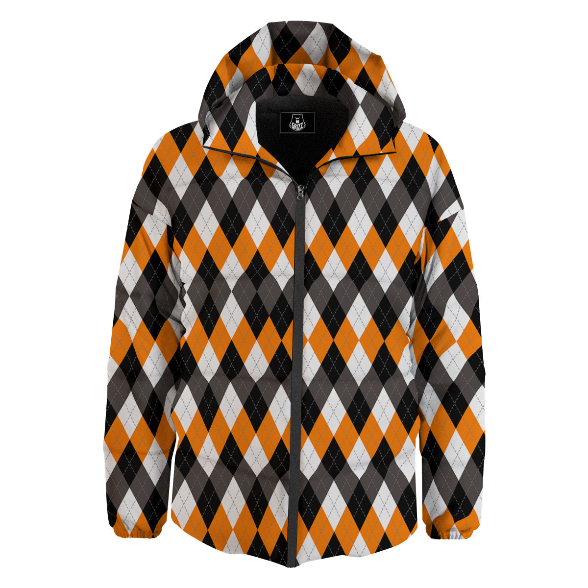 Argyle Orange Black And White Print Pattern Down Jacket-grizzshop