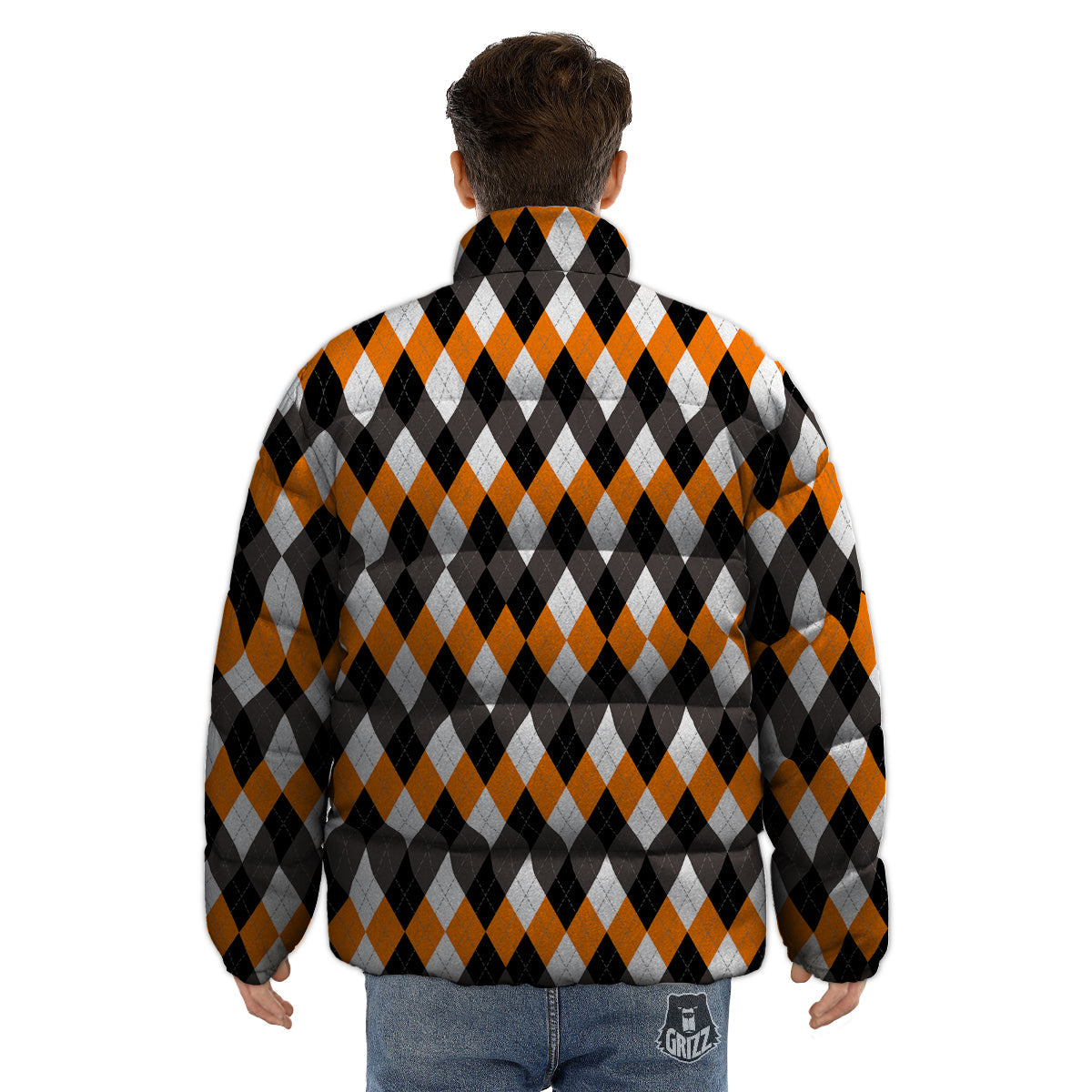 Argyle Orange Black And White Print Pattern Puffer Jacket-grizzshop