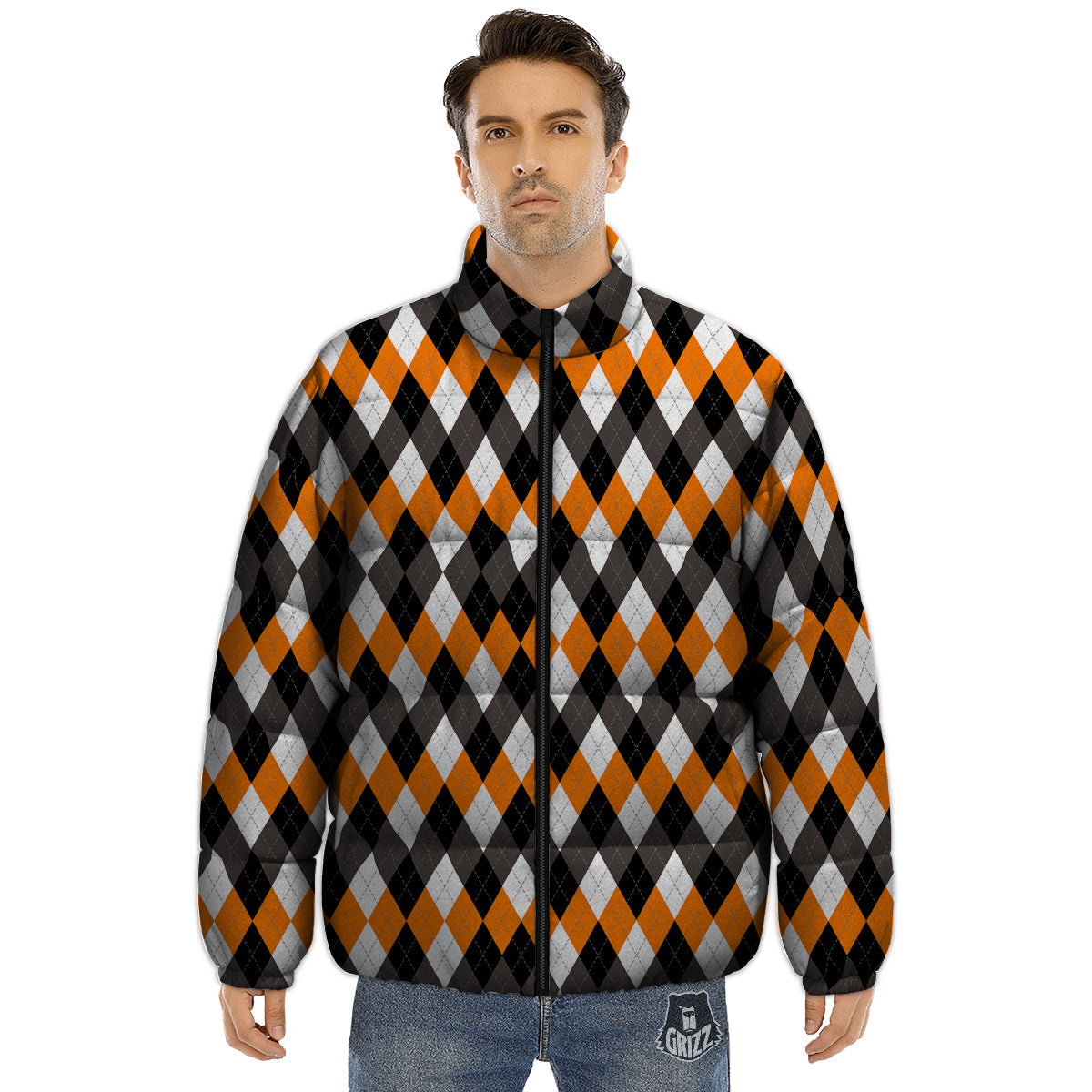 Argyle Orange Black And White Print Pattern Puffer Jacket-grizzshop