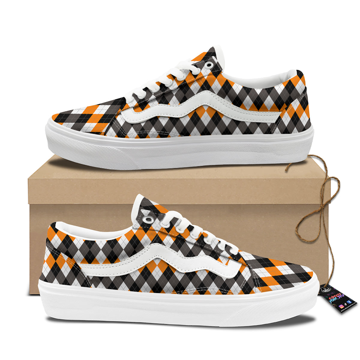 Argyle Orange Black And White Print Pattern Skate Shoes-grizzshop