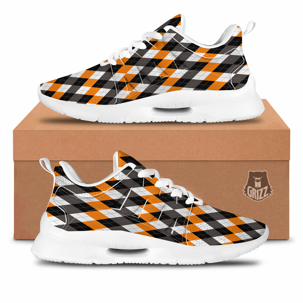 Argyle Orange Black And White Print Pattern Tennis Shoes-grizzshop