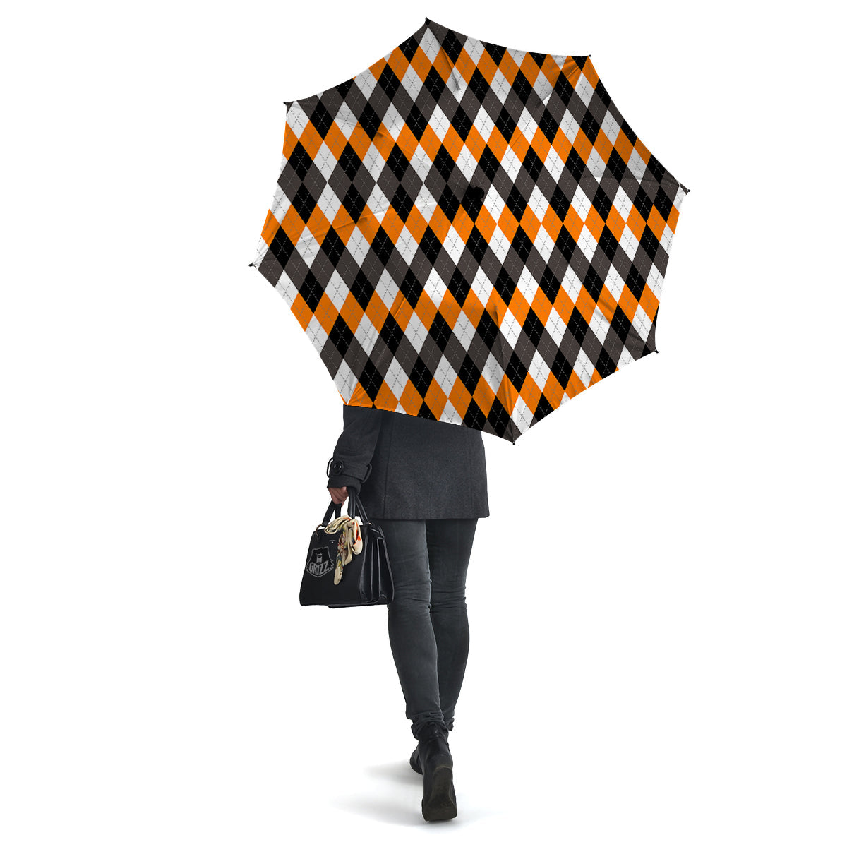 Argyle Orange Black And White Print Pattern Umbrella-grizzshop