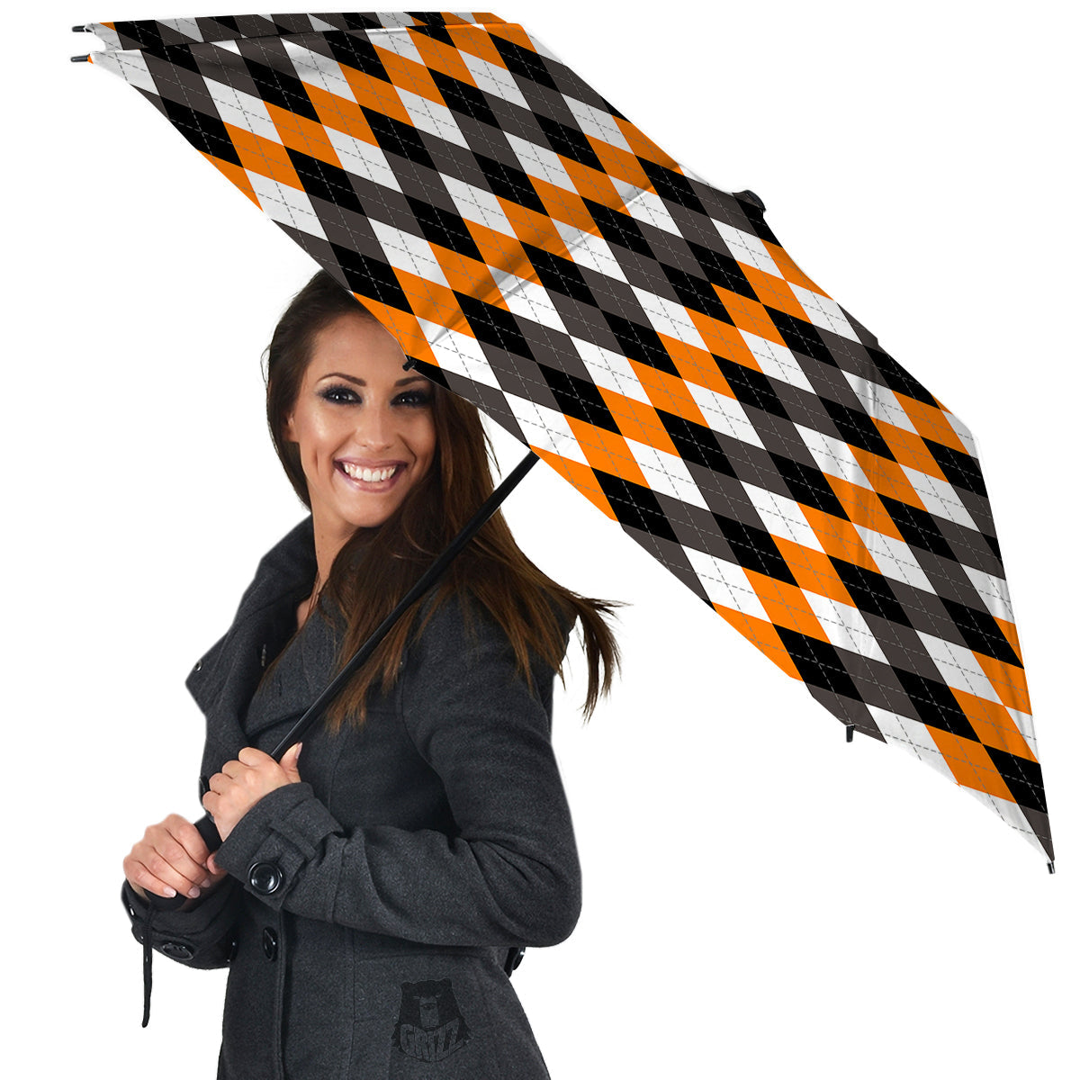 Argyle Orange Black And White Print Pattern Umbrella-grizzshop