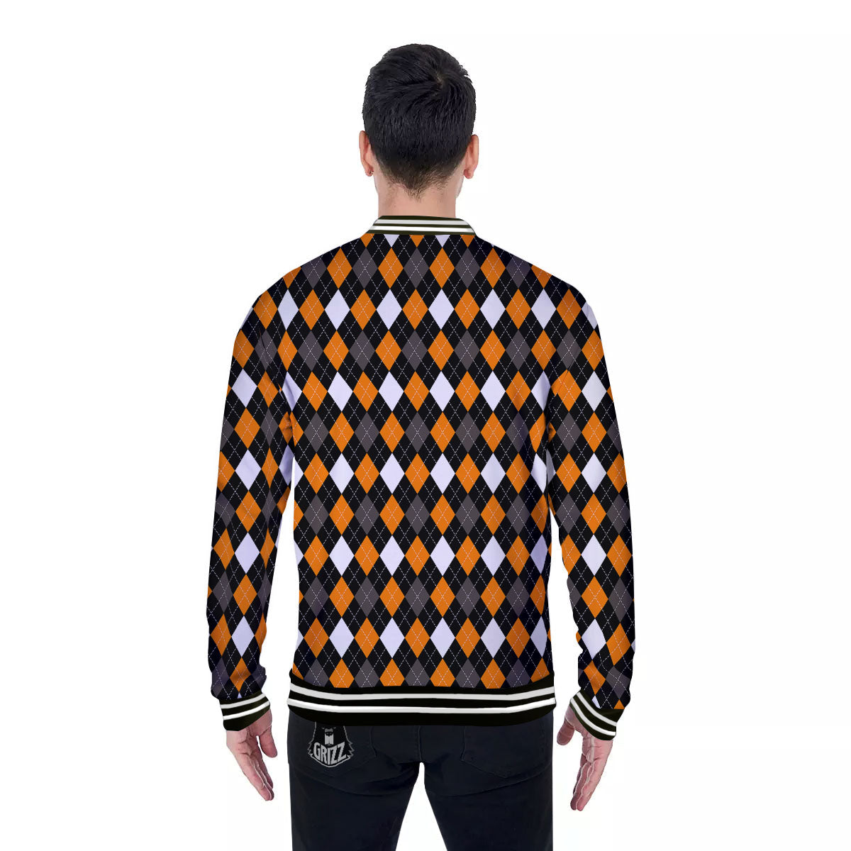Argyle Orange Black Grey And White Print Baseball Jacket-grizzshop
