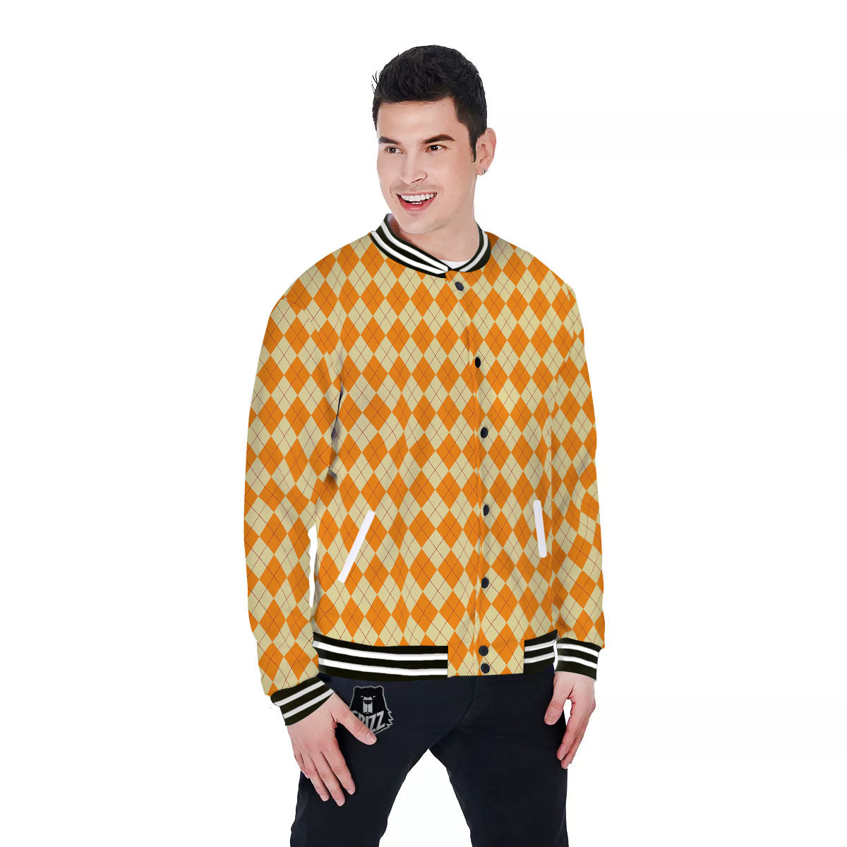 Argyle Orange Print Pattern Baseball Jacket-grizzshop