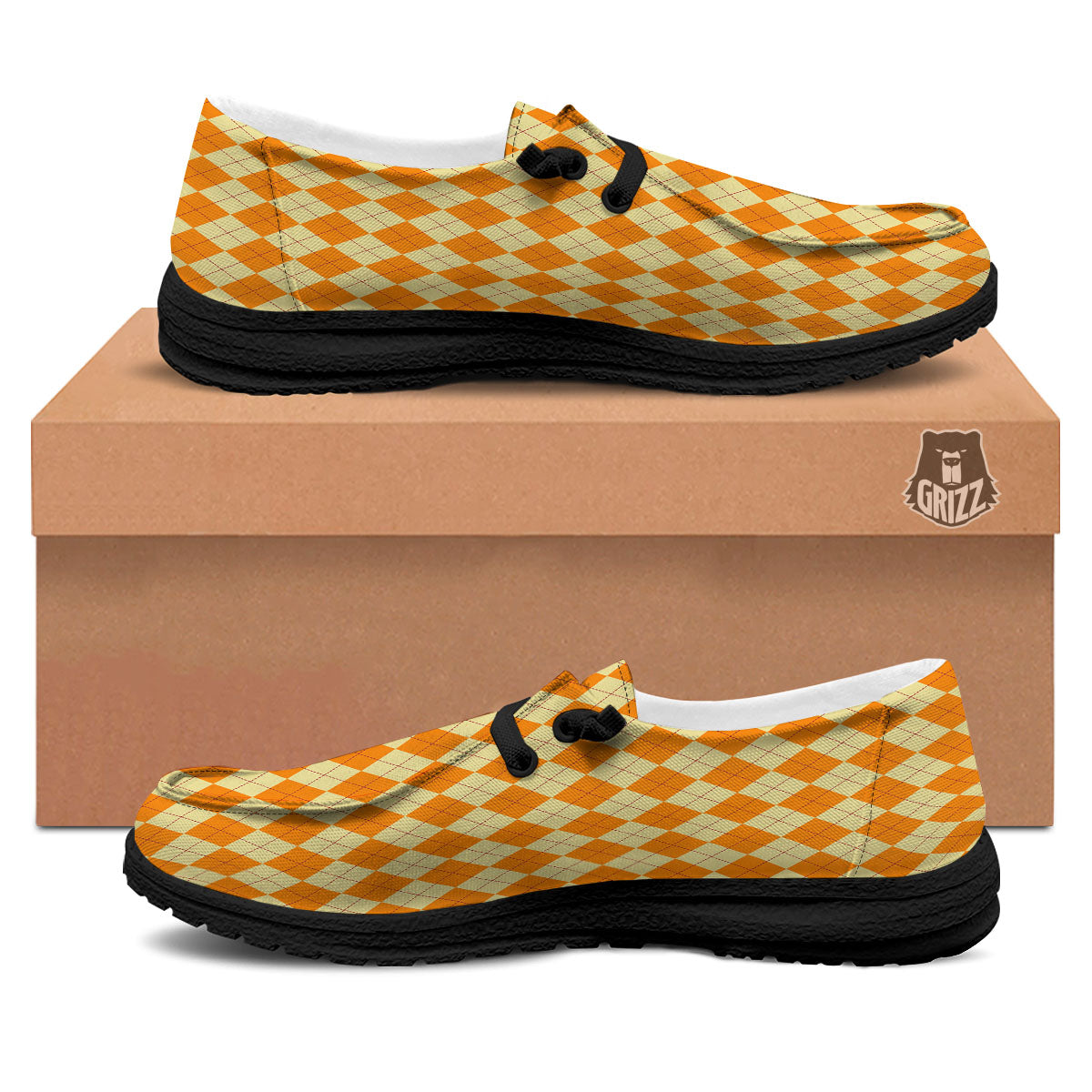 Argyle Orange Print Pattern Black Loafers-grizzshop