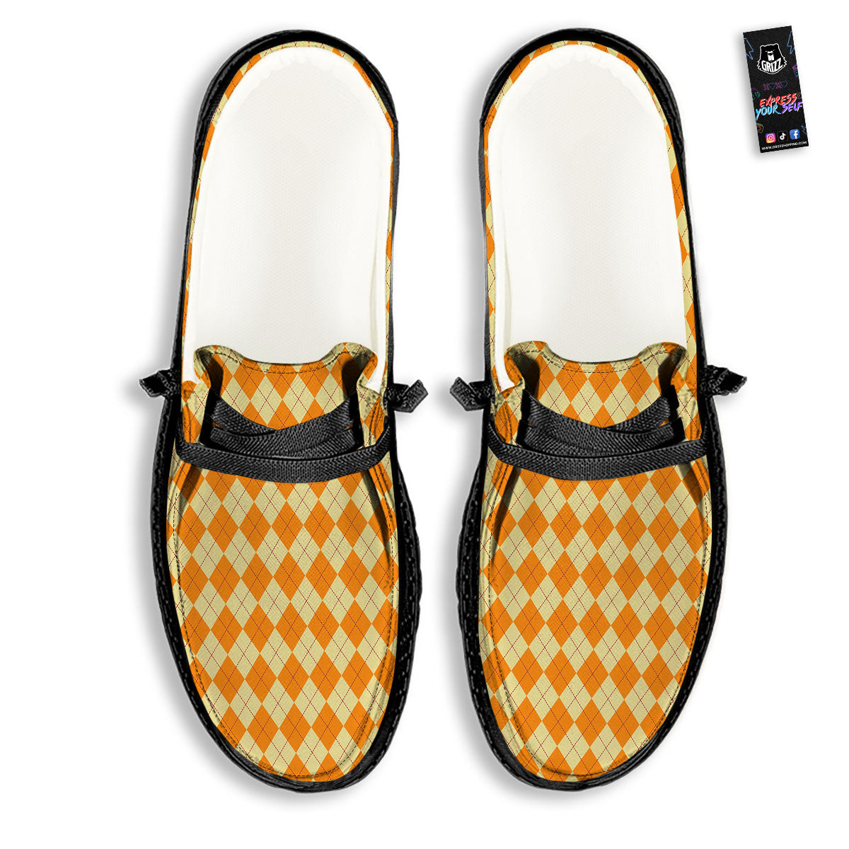 Argyle Orange Print Pattern Black Loafers-grizzshop