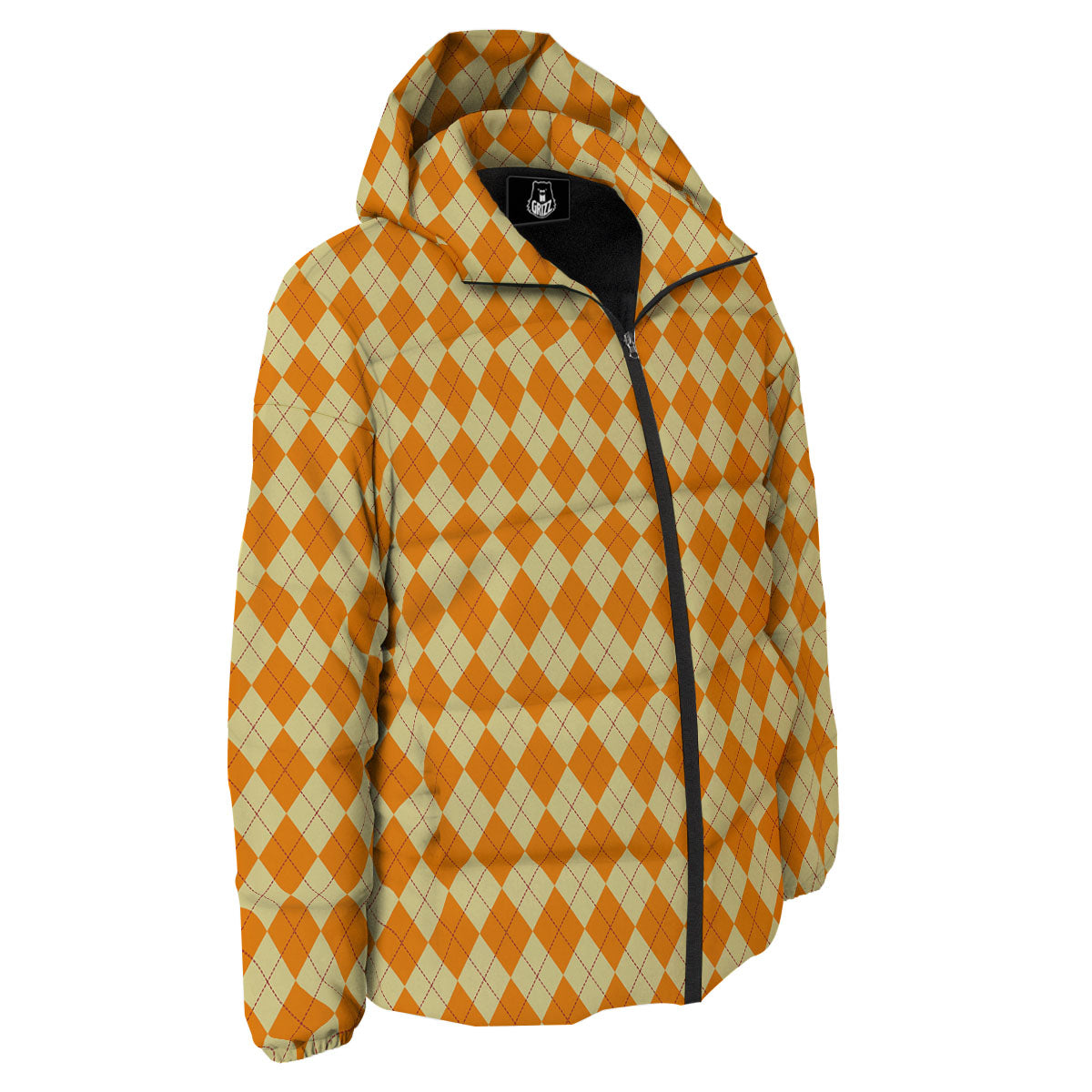 Argyle Orange Print Pattern Down Jacket-grizzshop