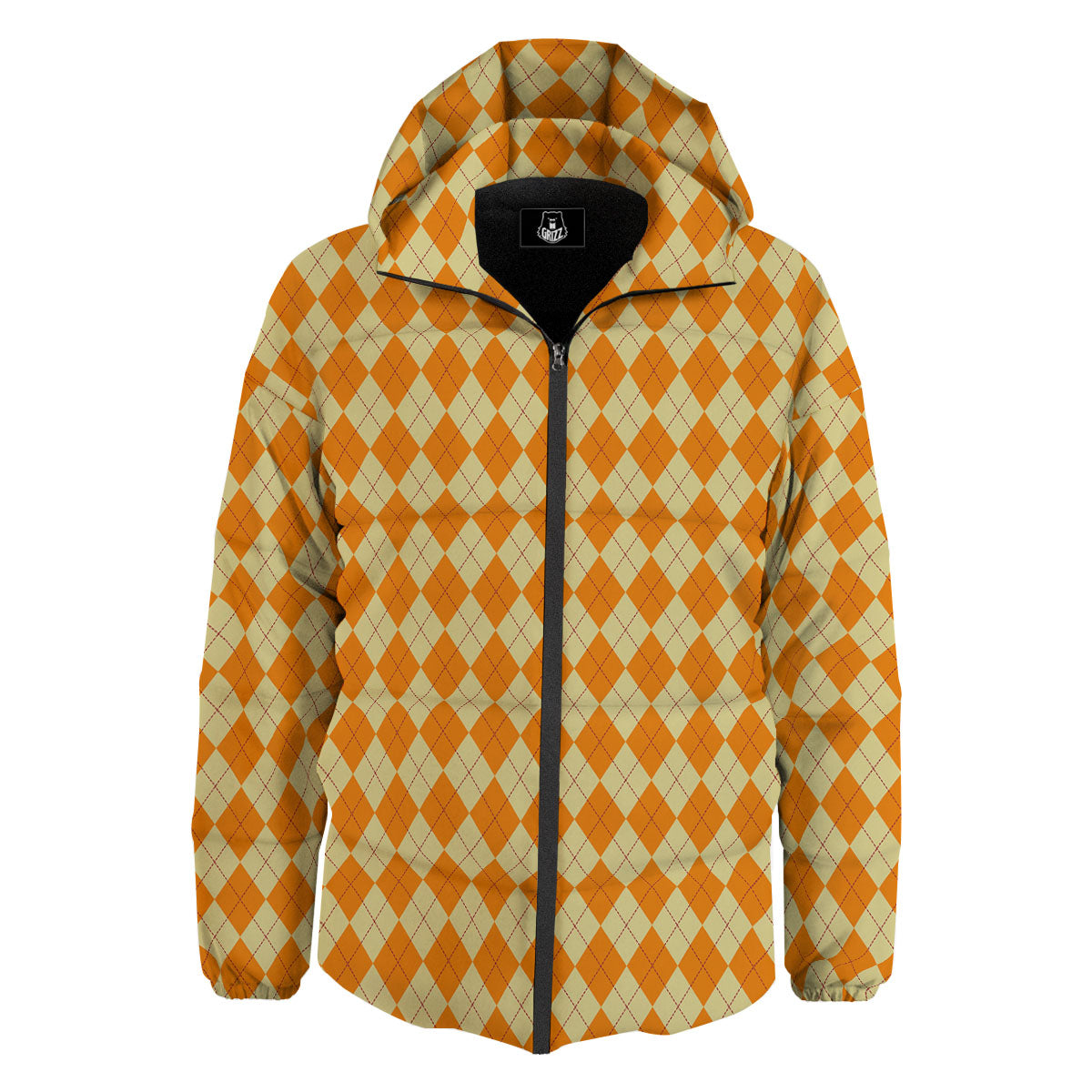 Argyle Orange Print Pattern Down Jacket-grizzshop