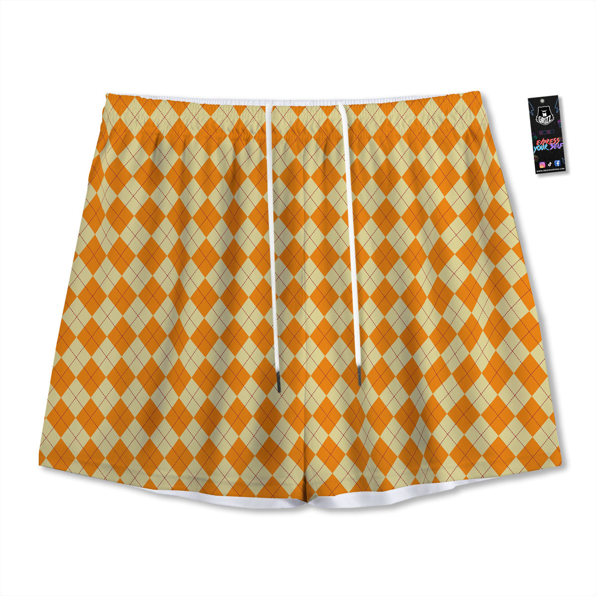 Argyle Orange Print Pattern Mesh Shorts-grizzshop