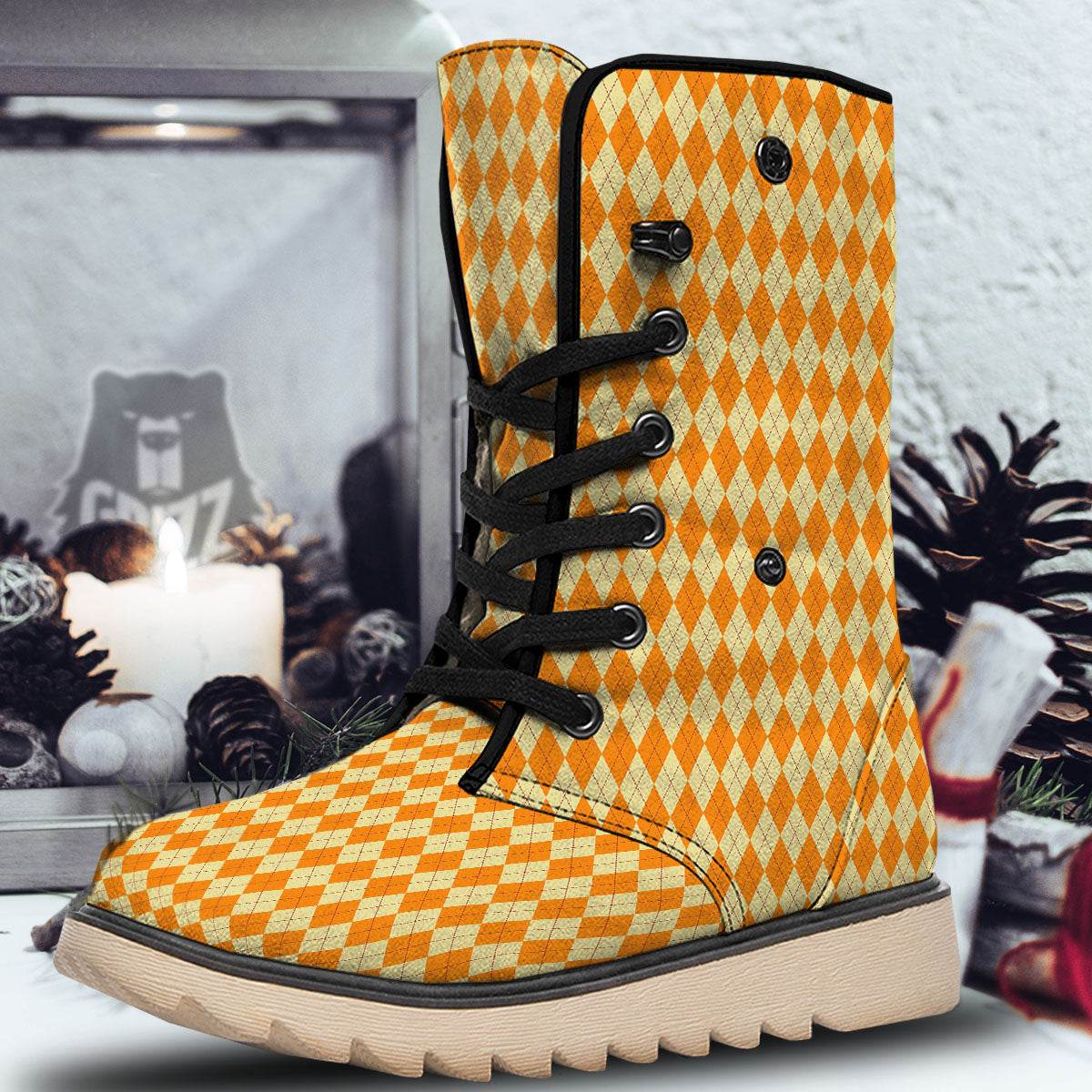 Argyle Orange Print Pattern Snow Boots-grizzshop