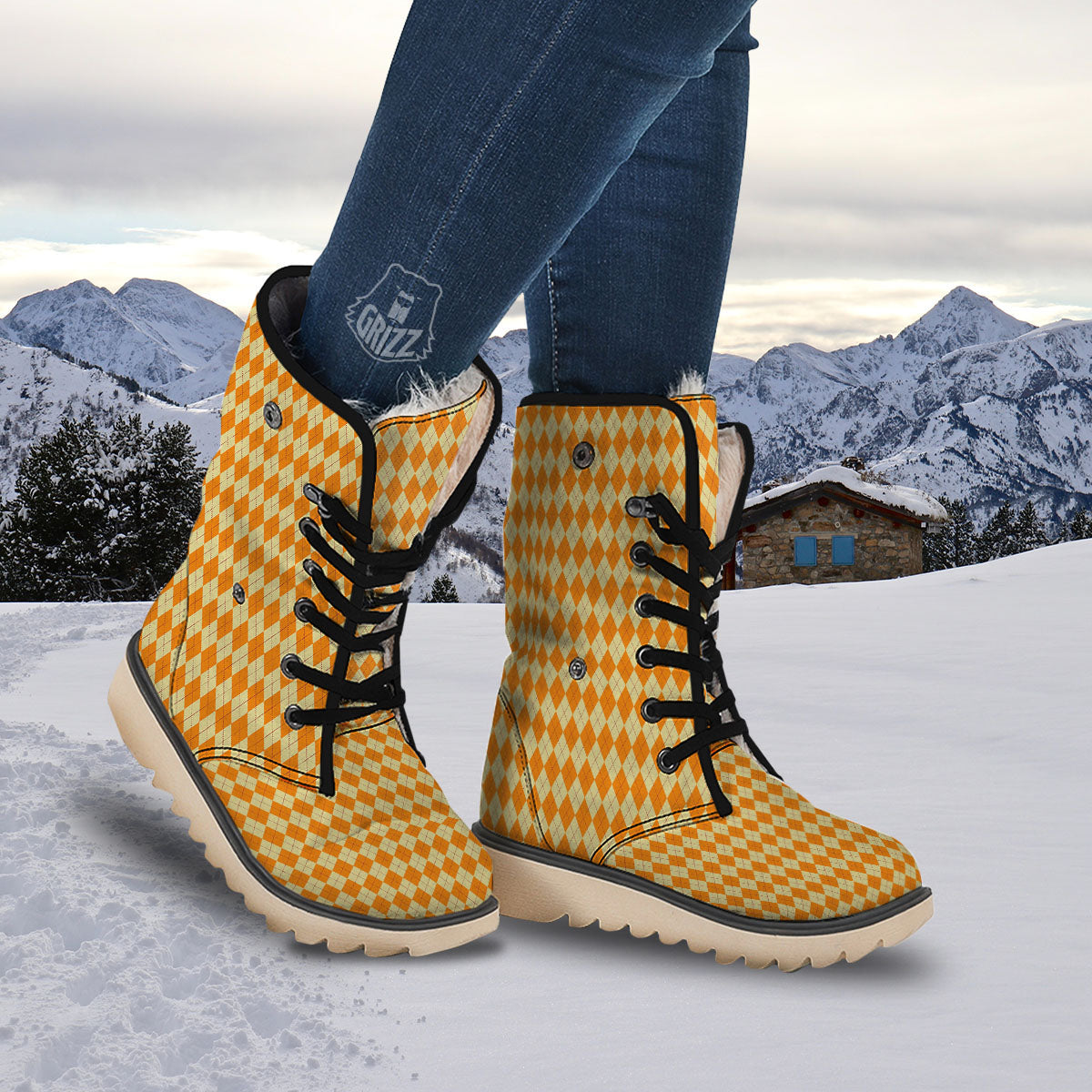 Argyle Orange Print Pattern Snow Boots-grizzshop