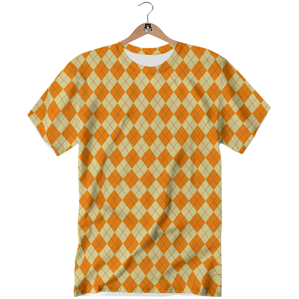 Argyle Orange Print Pattern T-Shirt-grizzshop