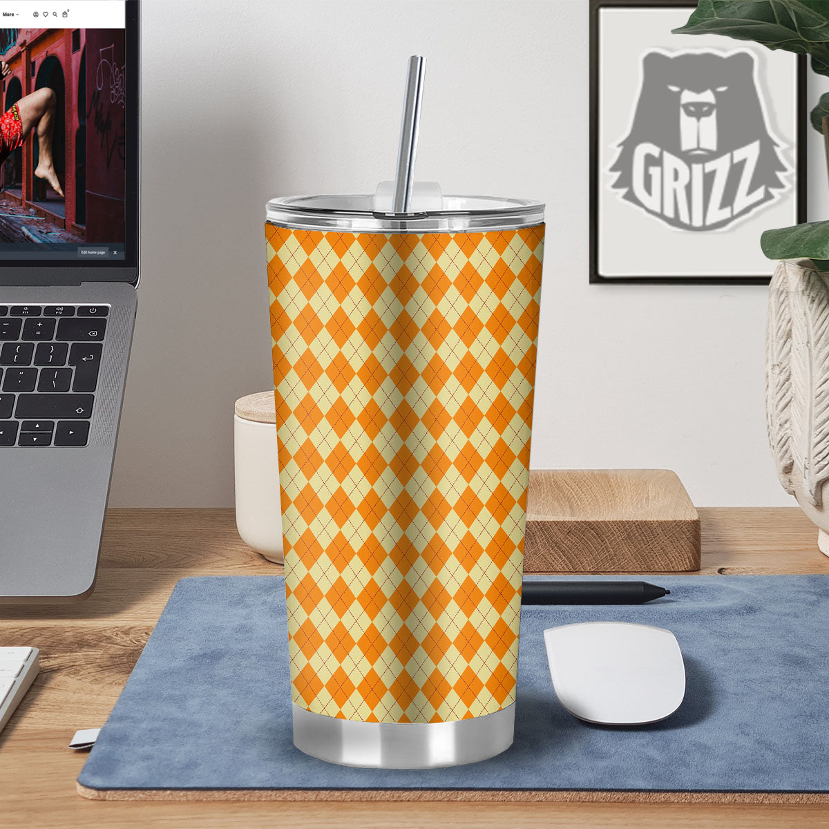 Argyle Orange Print Pattern Tumbler-grizzshop