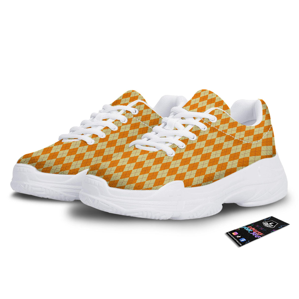 Argyle Orange Print Pattern White Chunky Shoes-grizzshop