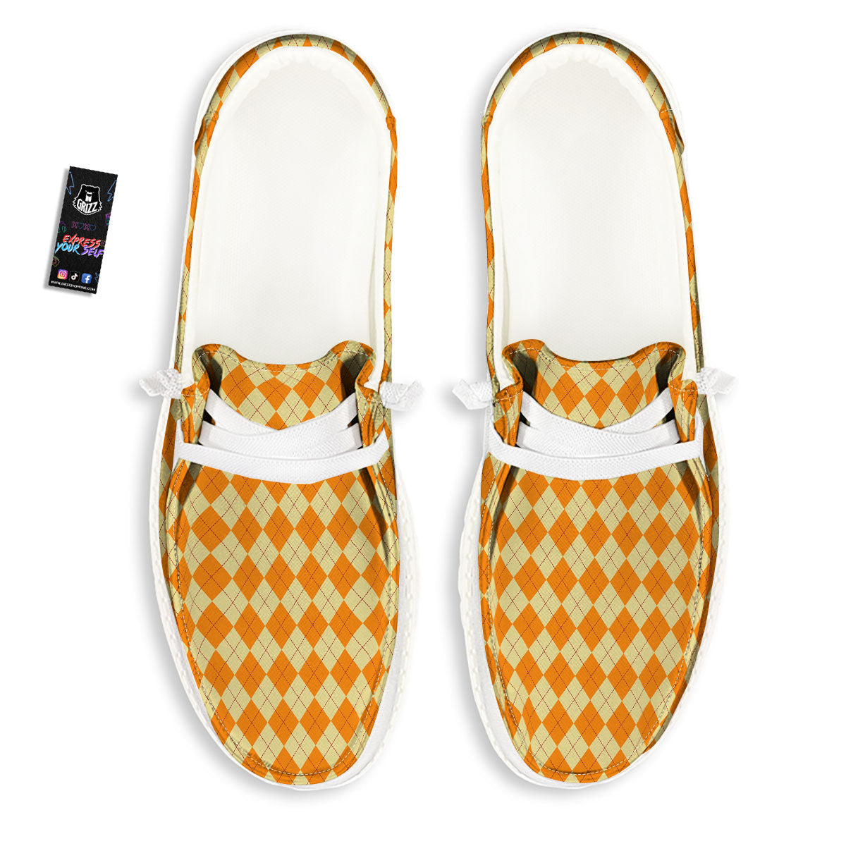 Argyle Orange Print Pattern White Loafers-grizzshop