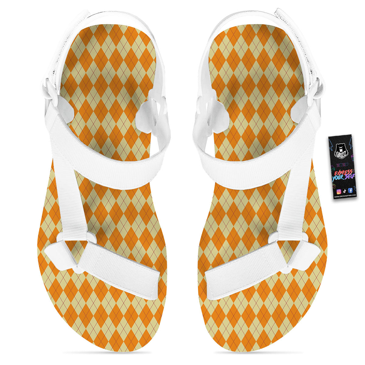 Argyle Orange Print Pattern White Open Toe Sandals-grizzshop