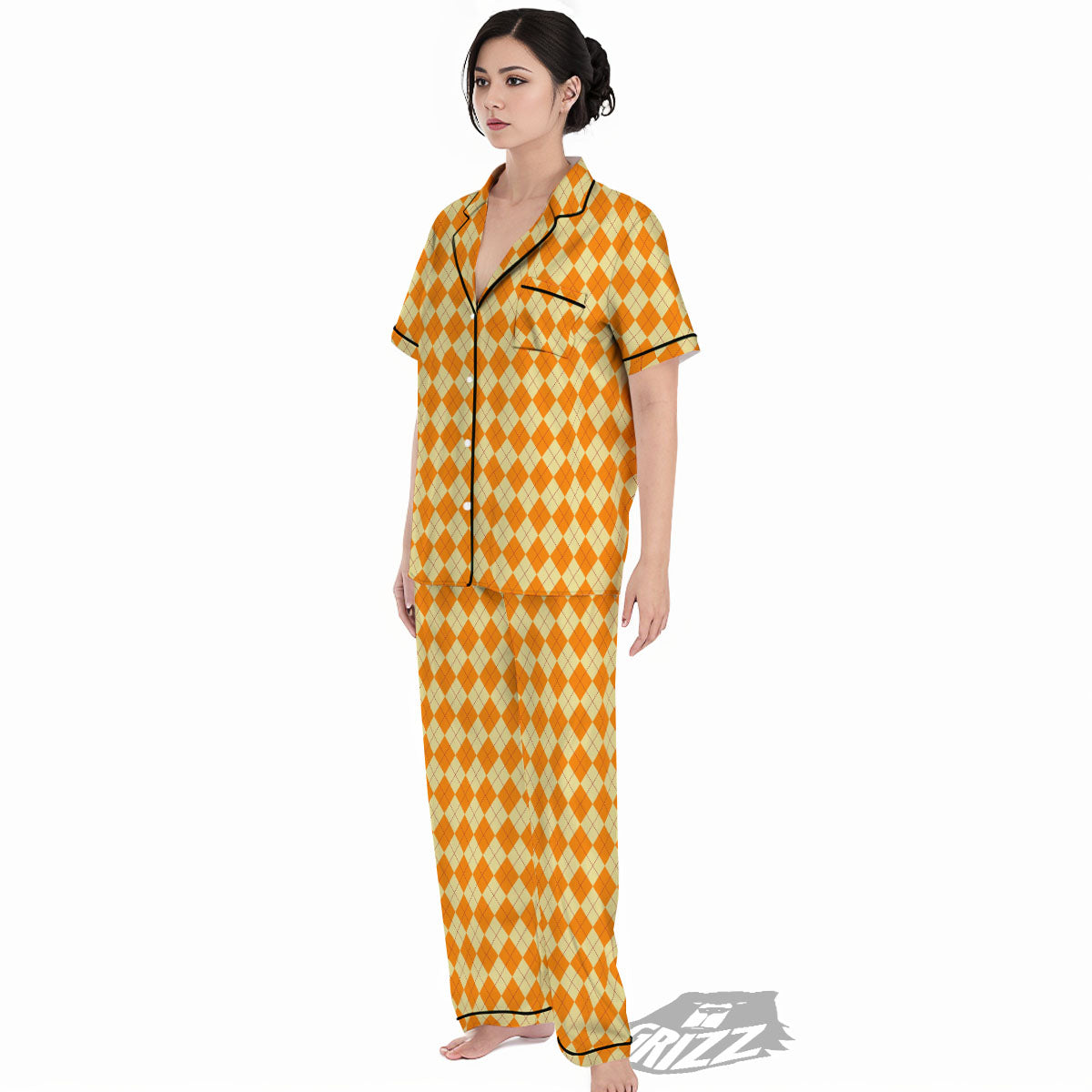 Argyle Orange Print Pattern Women's Pajamas Set-grizzshop