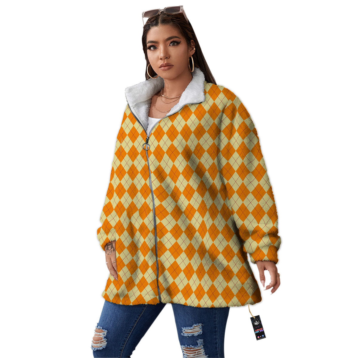 Argyle Orange Print Pattern Women's Sherpa Jacket-grizzshop