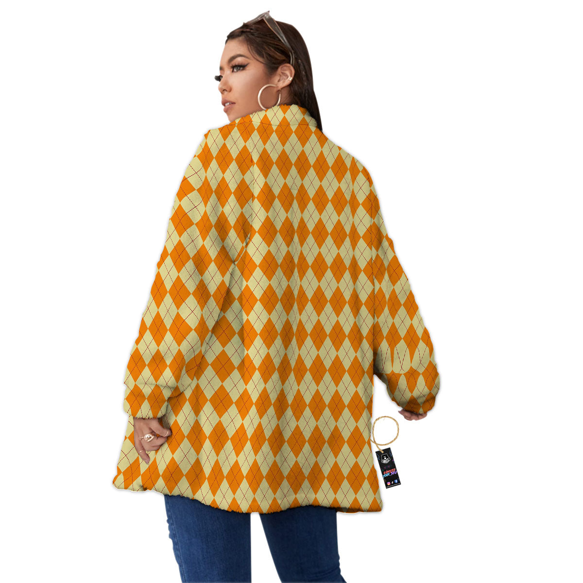 Argyle Orange Print Pattern Women's Sherpa Jacket-grizzshop