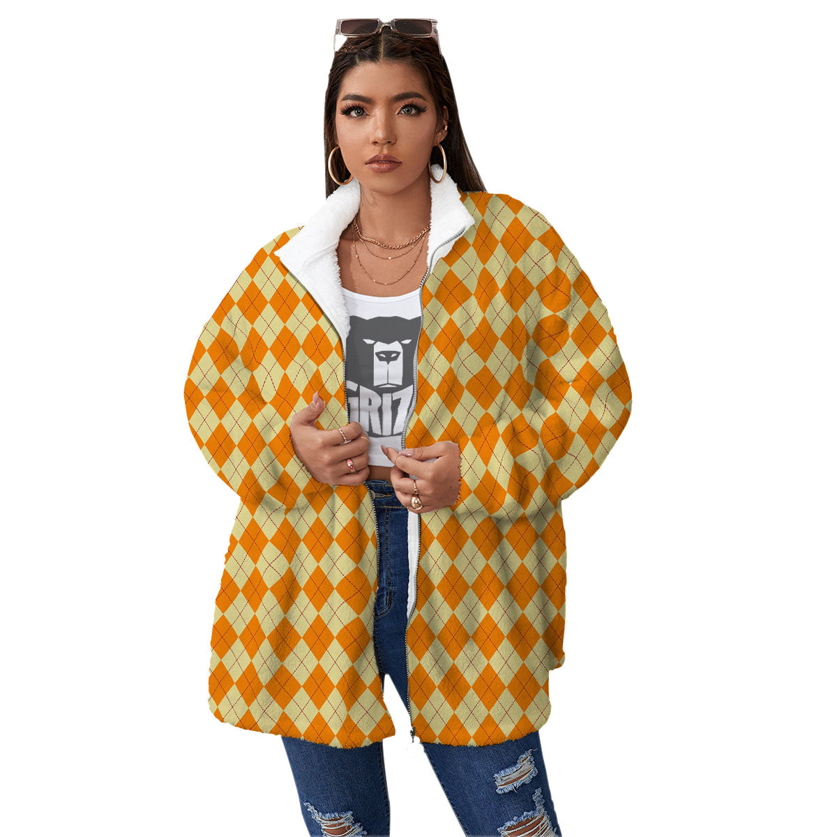 Argyle Orange Print Pattern Women's Sherpa Jacket-grizzshop
