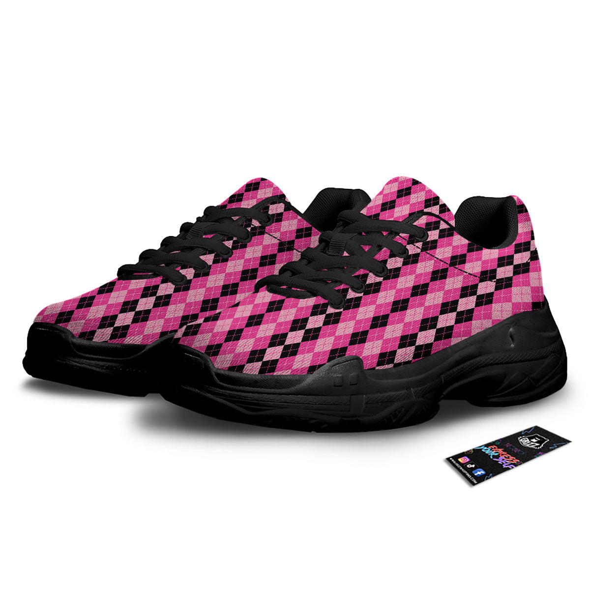 Argyle Pink And Black Print Pattern Black Chunky Shoes-grizzshop