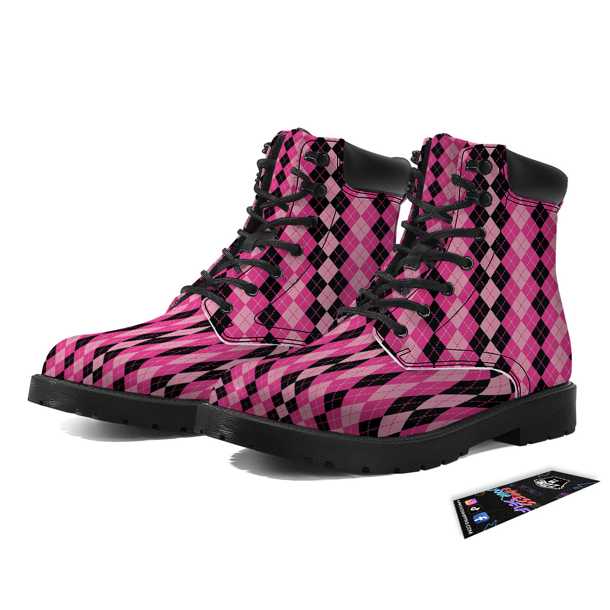 Argyle Pink And Black Print Pattern Boots-grizzshop