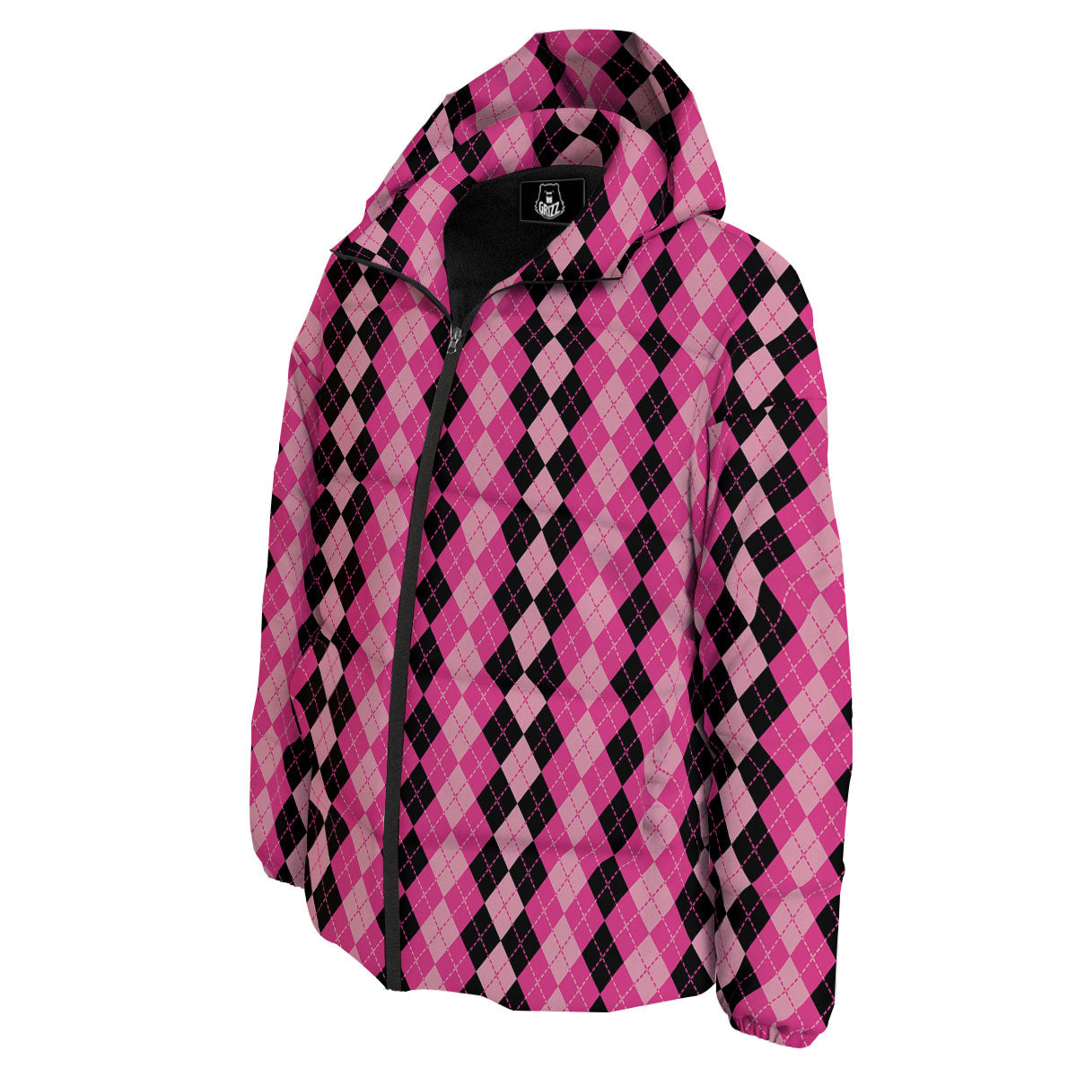 Argyle Pink And Black Print Pattern Down Jacket-grizzshop