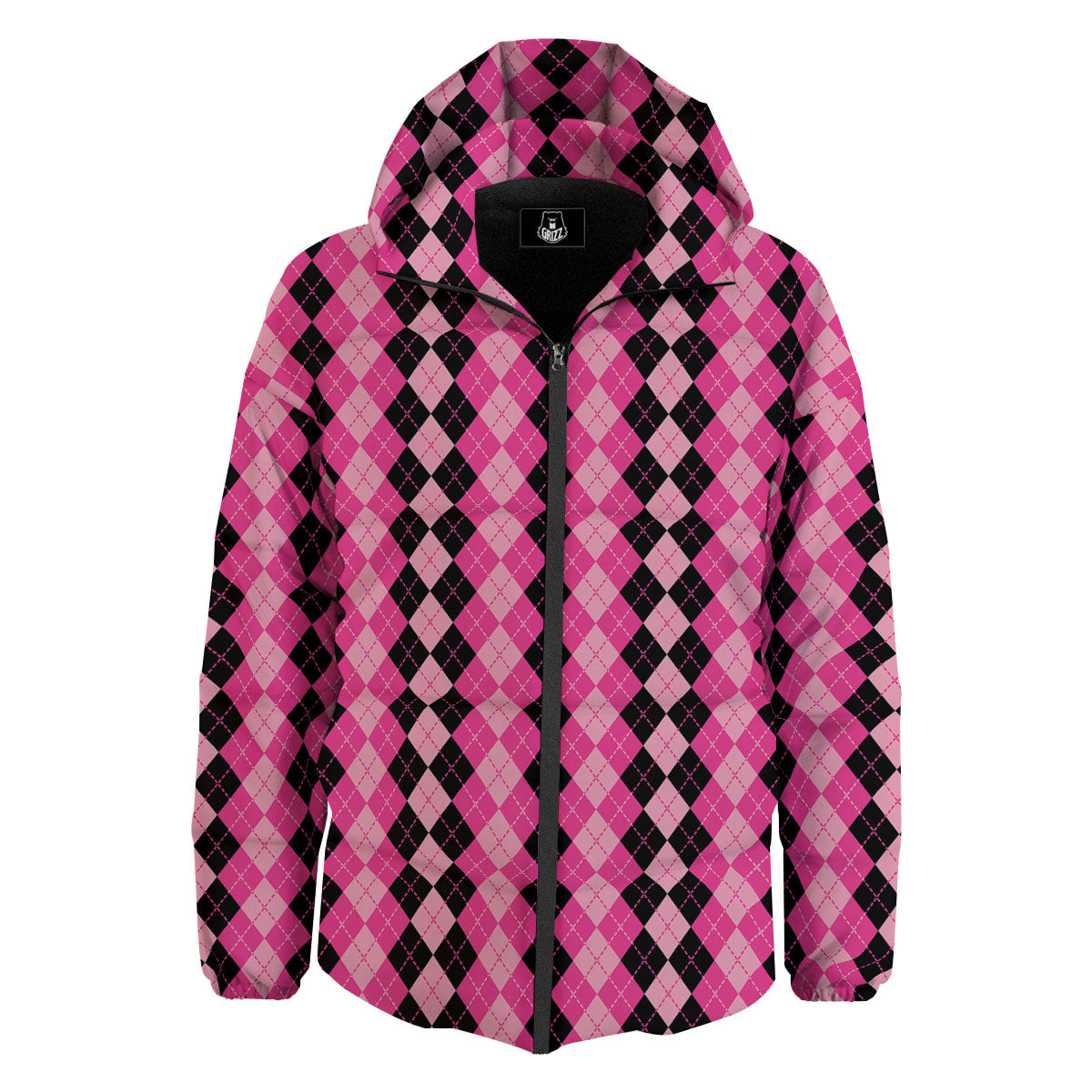 Argyle Pink And Black Print Pattern Down Jacket-grizzshop