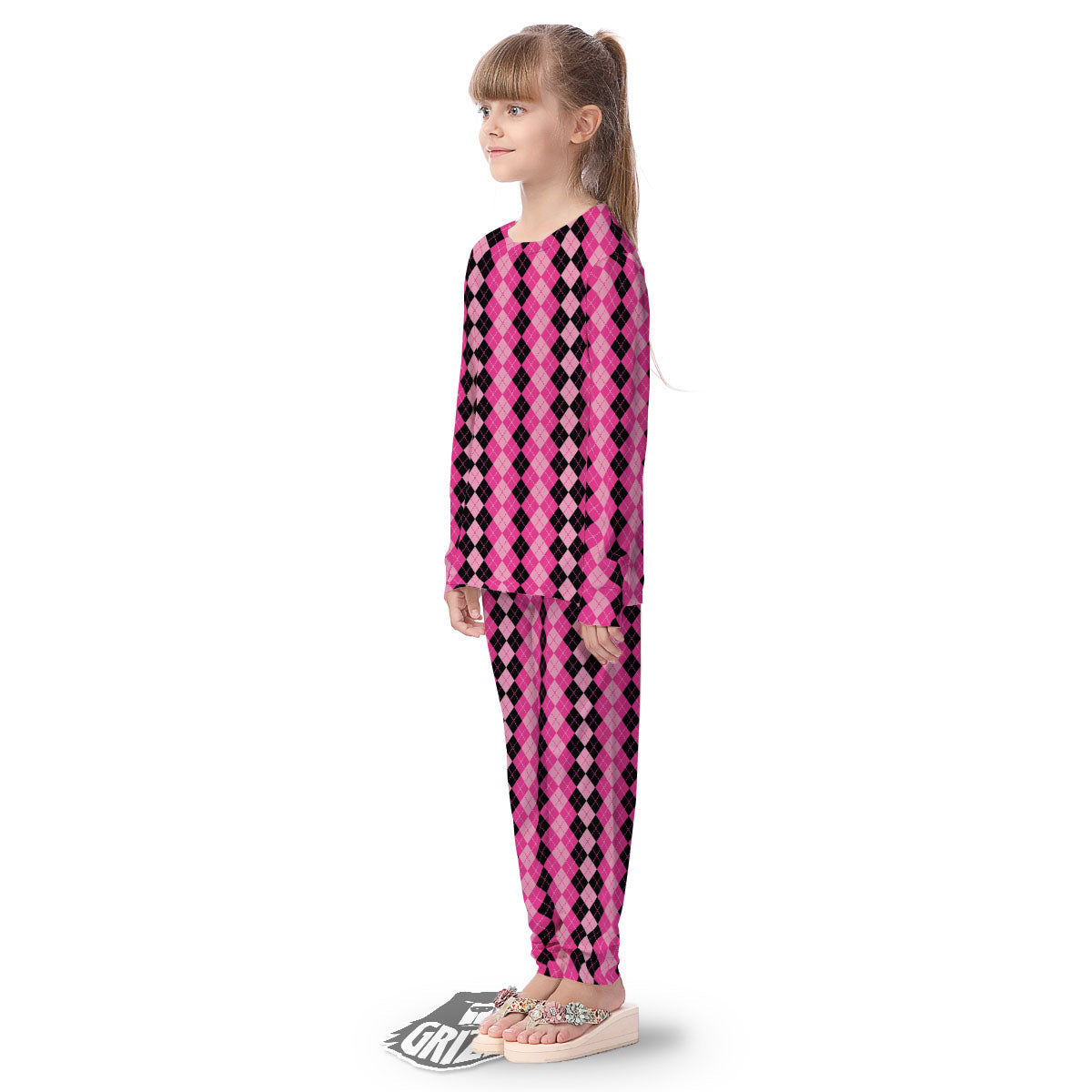 Argyle Pink And Black Print Pattern Kid's Pajamas-grizzshop