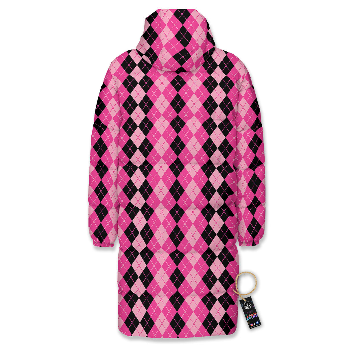 Argyle Pink And Black Print Pattern Long Down Jacket-grizzshop