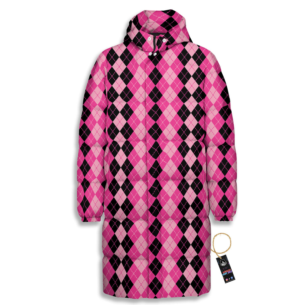 Argyle Pink And Black Print Pattern Long Down Jacket-grizzshop