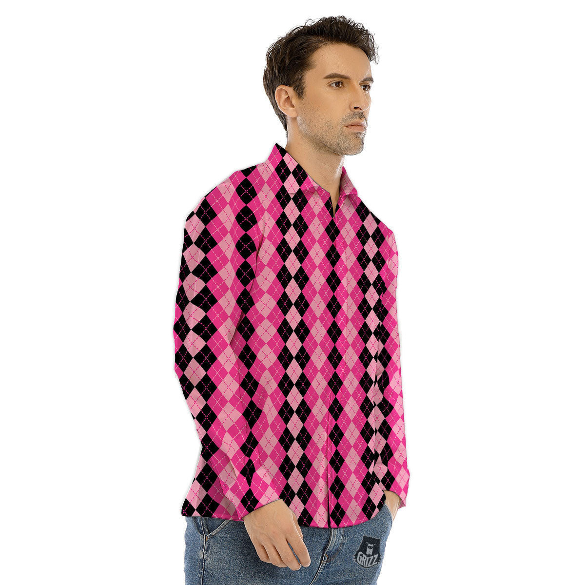 Argyle Pink And Black Print Pattern Men's Dress Shirts-grizzshop