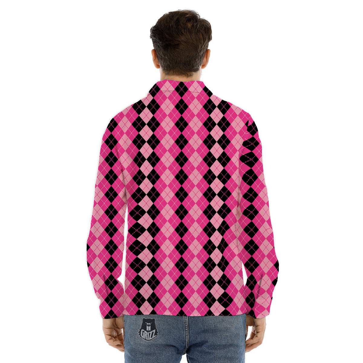 Argyle Pink And Black Print Pattern Men's Dress Shirts-grizzshop