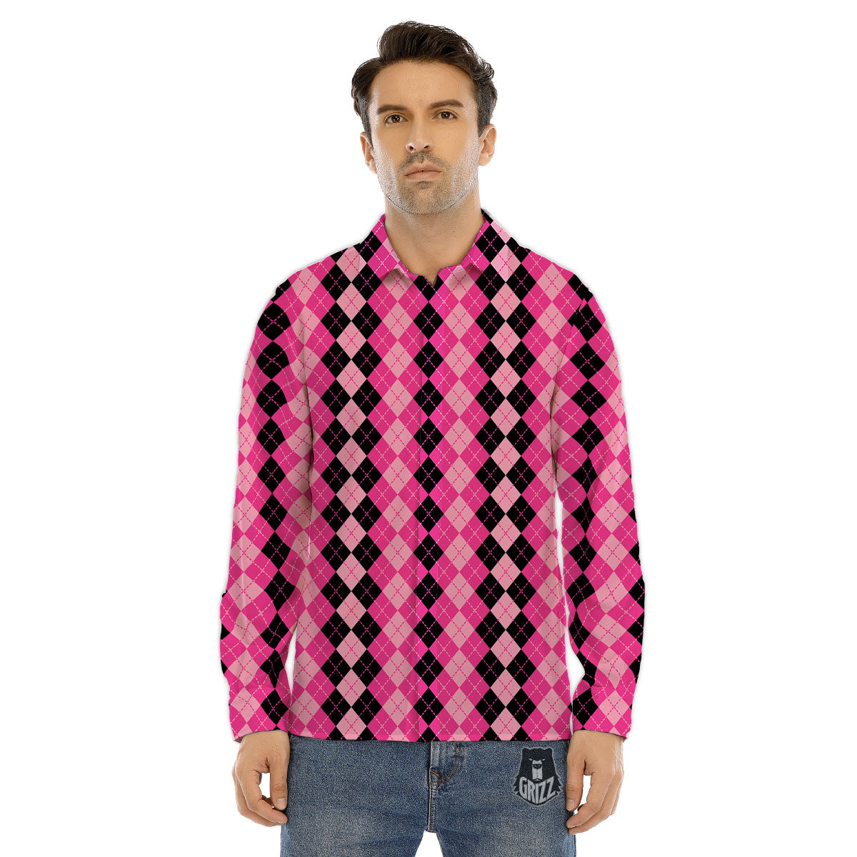 Argyle Pink And Black Print Pattern Men's Dress Shirts-grizzshop