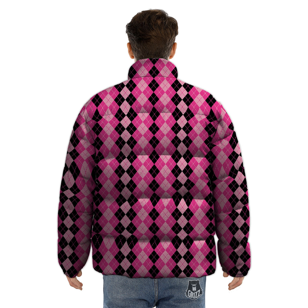 Argyle Pink And Black Print Pattern Puffer Jacket-grizzshop